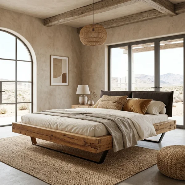 Letto matrimoniale 160x200cm testiera imbottita gambe in metallo legno massello rovere antracite Venalia