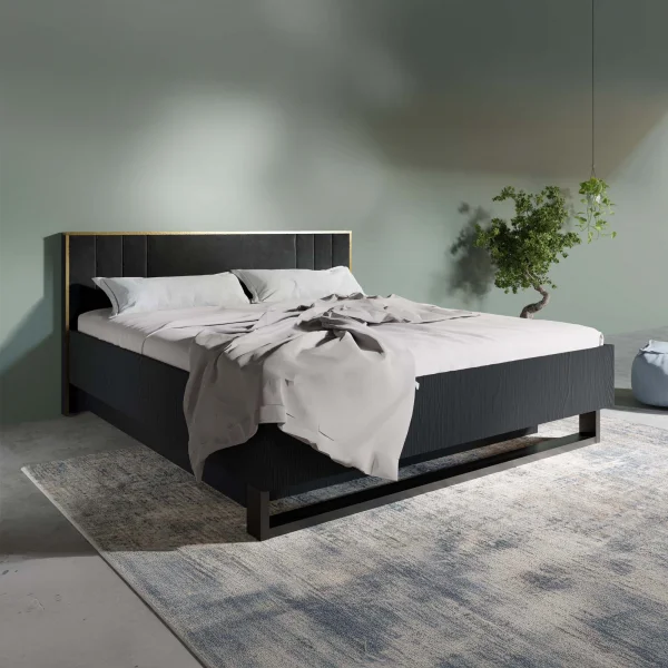 Letto matrimoniale oversize 180x200 cm con testiera in tessuto morbido nero frassinato Innsbruck