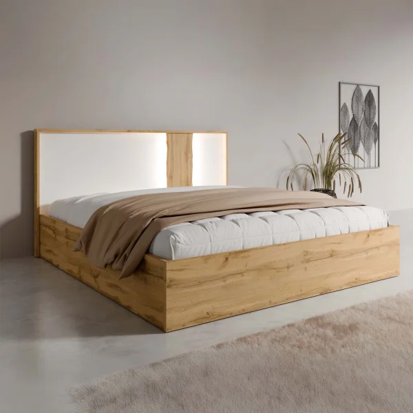 Letto matrimoniale oversize 180x200 con box contenitore e rete a doghe quercia bianco lucido Larry