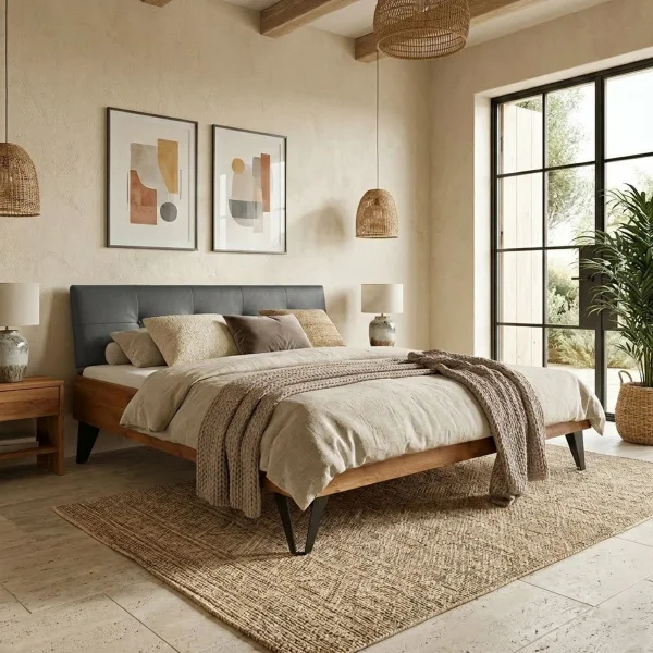 Letto oversize 180x200cm testiera imbottita piedi in metallo legno massello rovere antracite Cortelia