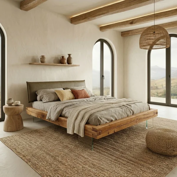Letto oversize 180x200cm testiera imbottita piedi in vetro legno massello rovere tortora Resilia