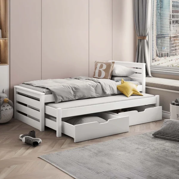 Letto singolo 80x180cm con letto estraibile e 2 cassettoni bianco opaco Kido