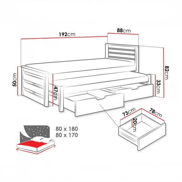 Letto singolo 80x180cm con letto estraibile e 2 cassettoni bianco opaco Kido