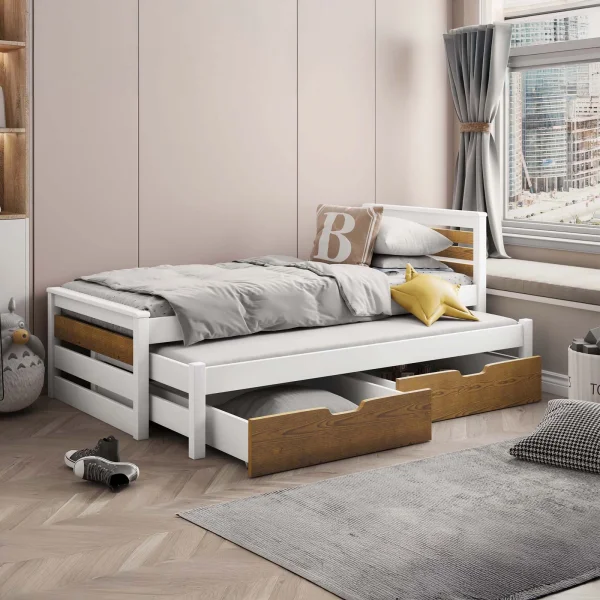 Letto singolo 80x180cm con letto estraibile e 2 cassettoni bianco opaco rovere Kido