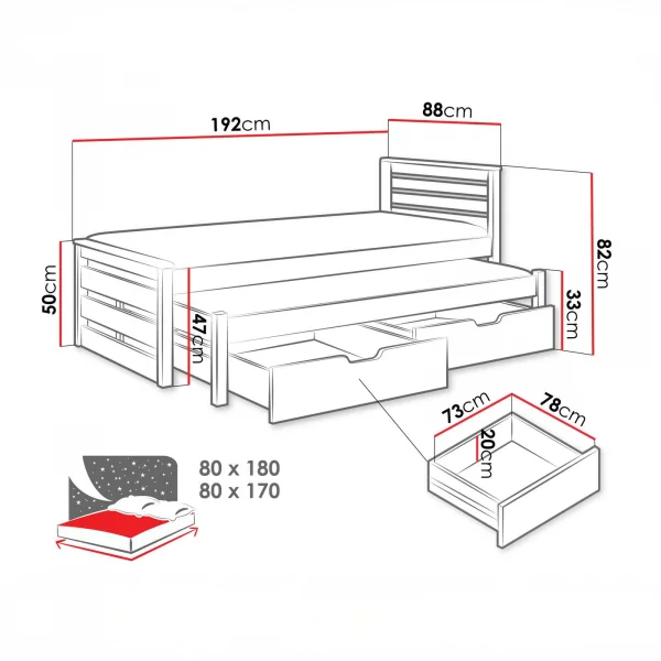 Letto singolo 80x180cm con letto estraibile e 2 cassettoni bianco opaco rovere Kido