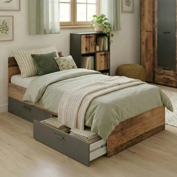 Letto singolo 90x200 con 2 cassetti grafite rovere rustico Fada