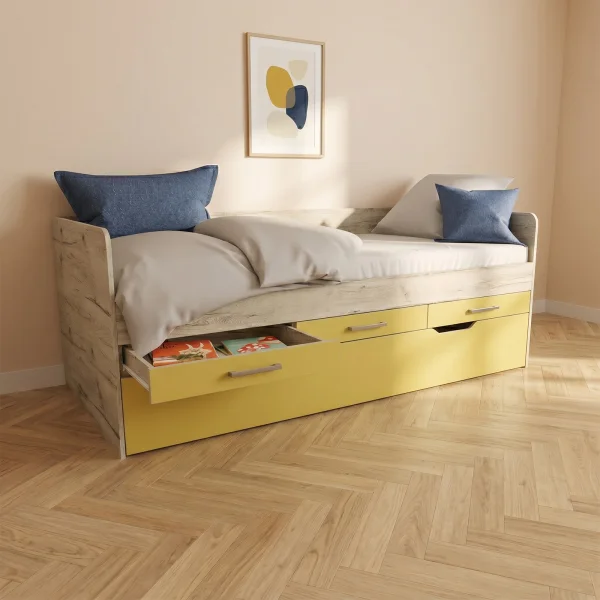 Letto singolo 90x200 con letto estraibile e 3 cassetti bianco frassinato giallo Bra