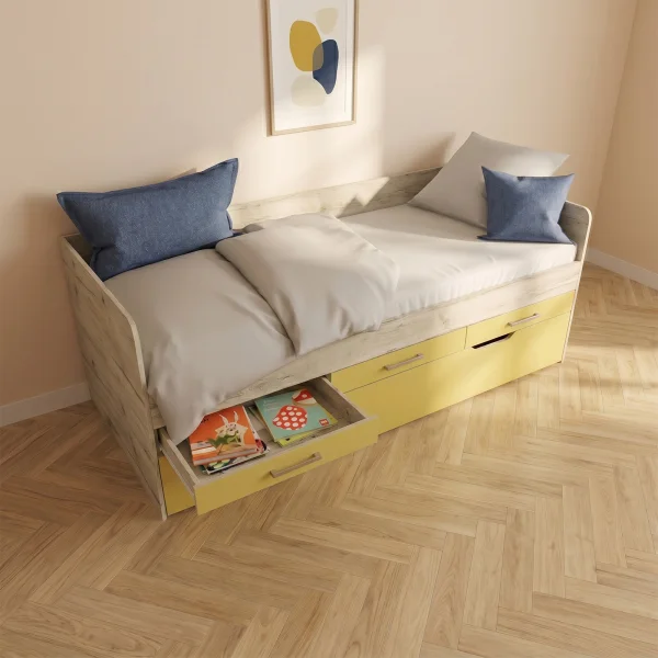 Letto singolo 90x200 con letto estraibile e 3 cassetti bianco frassinato giallo Bra