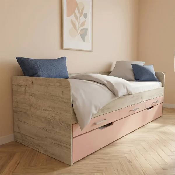 Letto singolo 90x200 con letto estraibile e 3 cassetti bianco frassinato rosa Bra