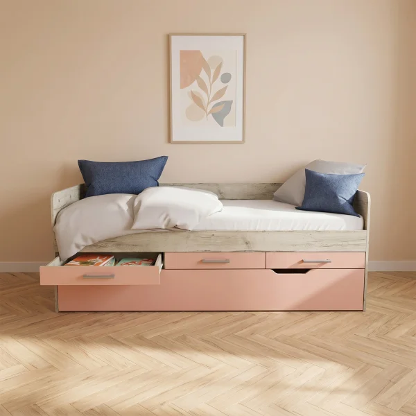 Letto singolo 90x200 con letto estraibile e 3 cassetti bianco frassinato rosa Bra