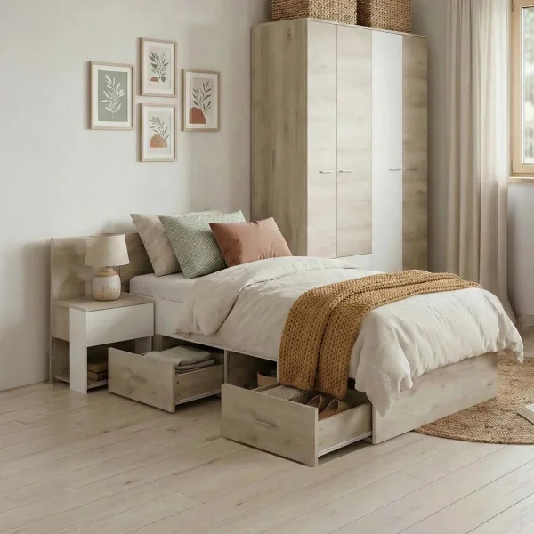 Letto singolo 90x200cm con comodino e cassettoni rovere bianco Francesco