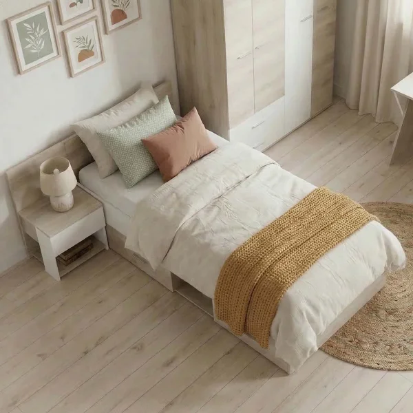Letto singolo 90x200cm con comodino e cassettoni rovere bianco Francesco