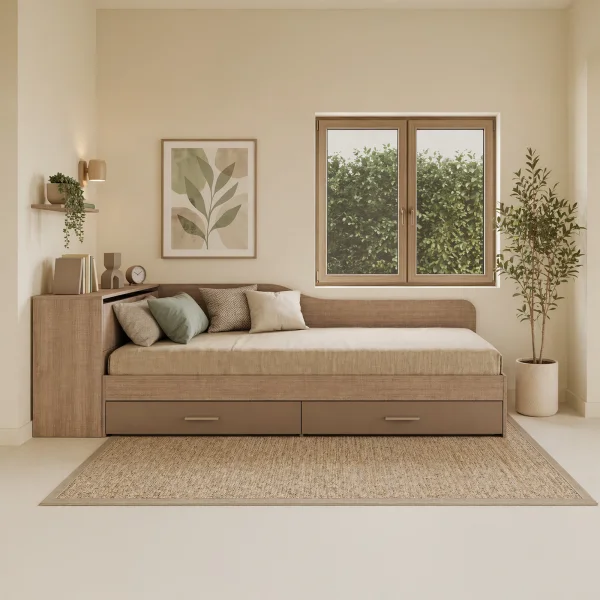 Letto singolo con comò e cassettoni 82x190cm rovere scuro marrone Catullo
