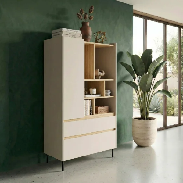 Libreria 80x165h cm con 1 anta 2 cassetti e 6 vani a vista beige cashmere rovere chiaro Linfa
