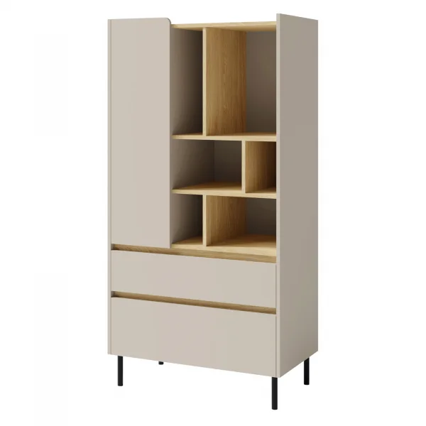 Libreria 80x165h cm con 1 anta 2 cassetti e 6 vani a vista beige cashmere rovere chiaro Linfa