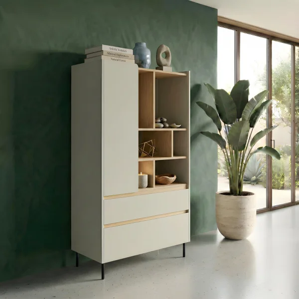 Libreria 80x165h cm con 1 anta 2 cassetti e 6 vani a vista verde rovere chiaro Linfa