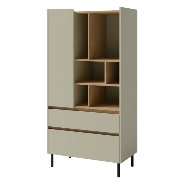 Libreria 80x165h cm con 1 anta 2 cassetti e 6 vani a vista verde rovere chiaro Linfa