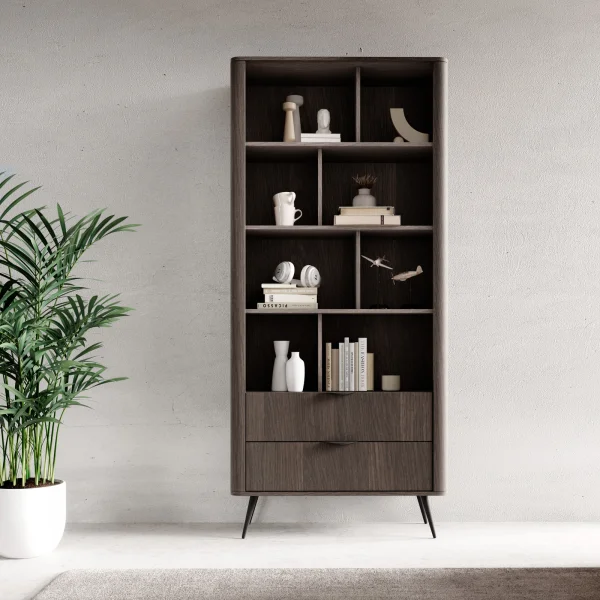 Libreria 88x194h cm 2 cassetti 8 ripiani a vista soggiorno wengè nero Vesper