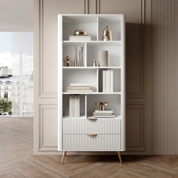 Libreria 88x194h cm 2 cassetti 8 vani a giorno bianco opaco cannettato Ramis