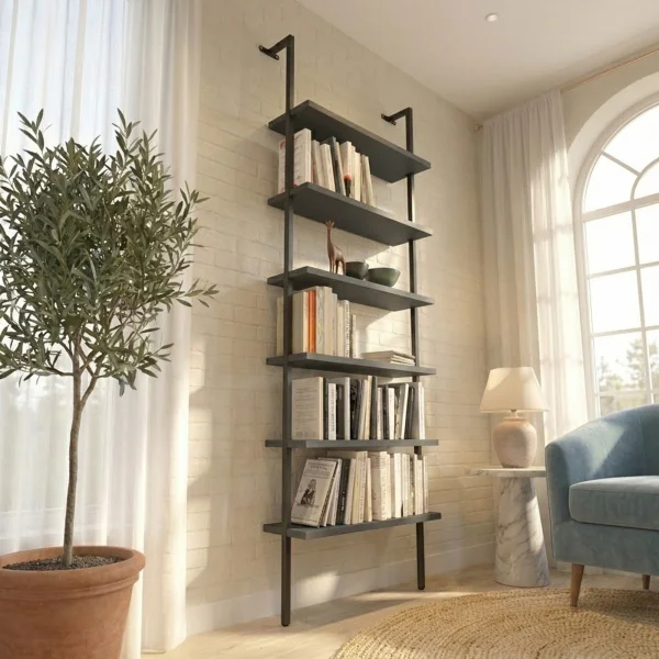 Libreria da parete 72x181h cm 6 ripiani industrial antracite metallo nero Biak