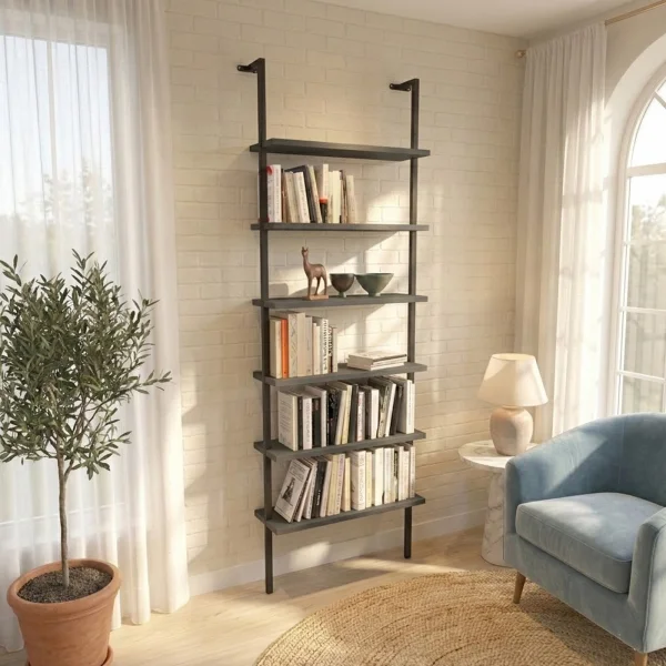 Libreria da parete 72x181h cm 6 ripiani industrial antracite metallo nero Biak