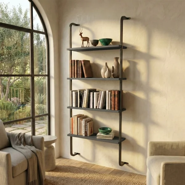 Libreria da parete 76x151h cm 4 ripiani industrial antracite metallo nero Bering