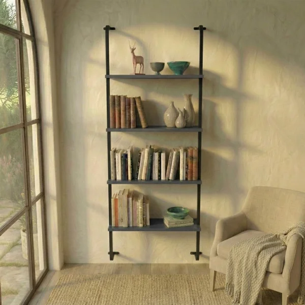 Libreria da parete 76x151h cm 4 ripiani industrial antracite metallo nero Bering