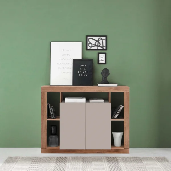 Madia 134x102h cm 2 ante e vani a vista beige cashmere rovere scuro Trilogy