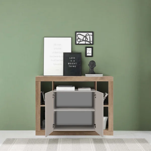 Madia 134x102h cm 2 ante e vani a vista beige cashmere rovere scuro Trilogy