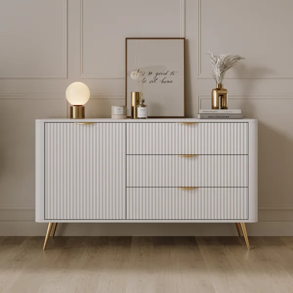 Madia 138x81h cm 1 anta 3 cassetti bianco opaco cannettato Ramis