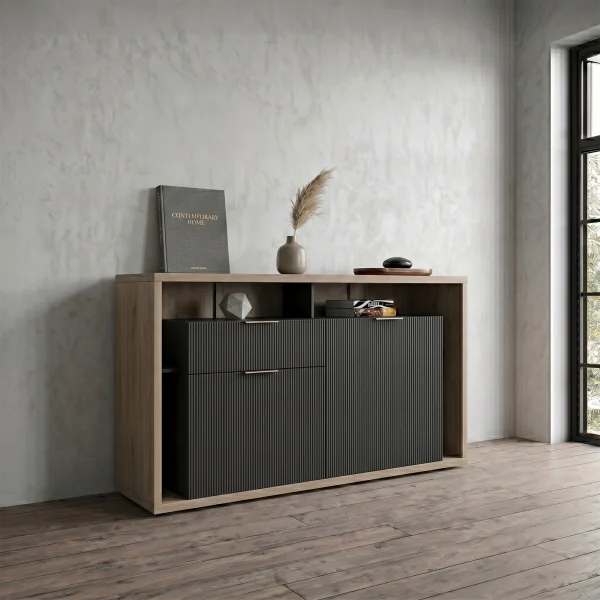 Madia 138x91h cm 2 ante 1 cassetto cannettato rovere nero Savona