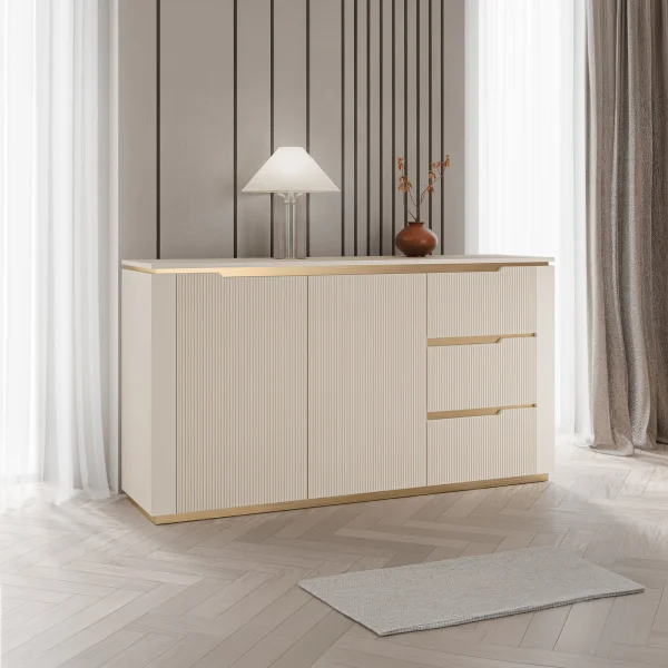 Madia 153x84h cm 2 ante 3 cassetti cannettato beige cashmere oro Gatsby