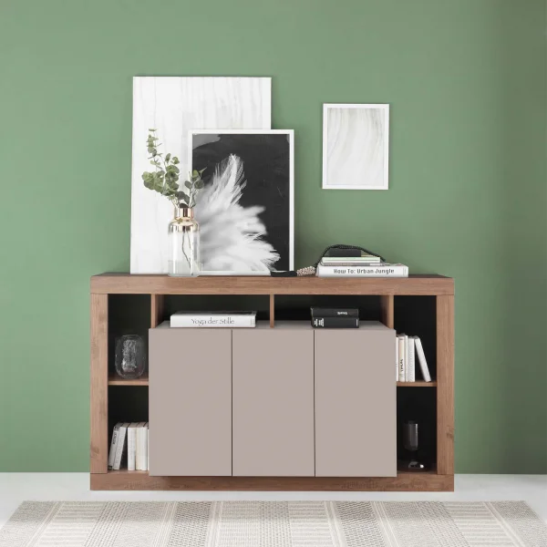 Madia 172x102h cm 3 ante e vani a vista beige cashmere rovere scuro Trilogy