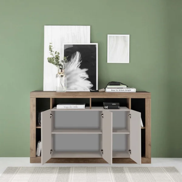 Madia 172x102h cm 3 ante e vani a vista beige cashmere rovere scuro Trilogy