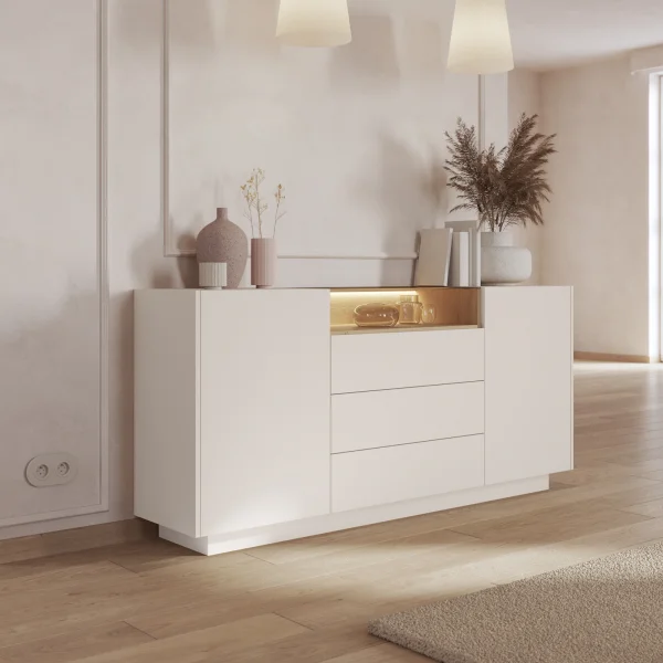 Madia 176x83h cm con led 2 ante 3 cassetti 1 ripiano a vista soggiorno beige rovere Cream