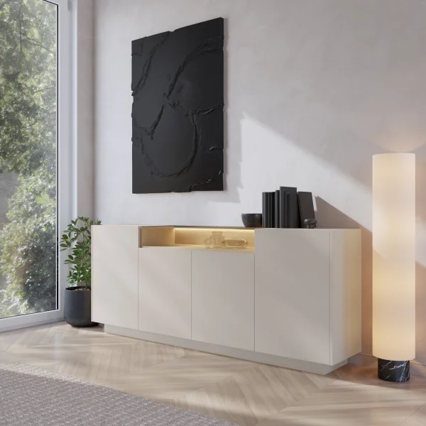 Madia 203x83h cm con led 4 ante 1 ripiano a vista soggiorno beige rovere Cream