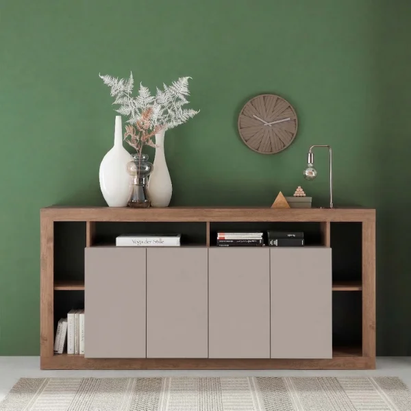 Madia 210x102h cm 4 ante e vani a vista beige cashmere rovere scuro Trilogy