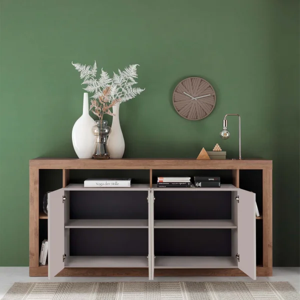 Madia 210x102h cm 4 ante e vani a vista beige cashmere rovere scuro Trilogy