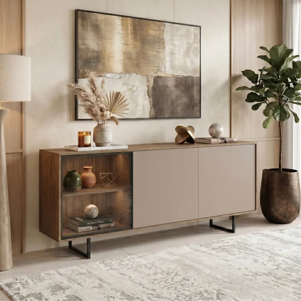 Madia moderna 151x87h cm 3 ante con vetrina rovere scuro tortora Domus