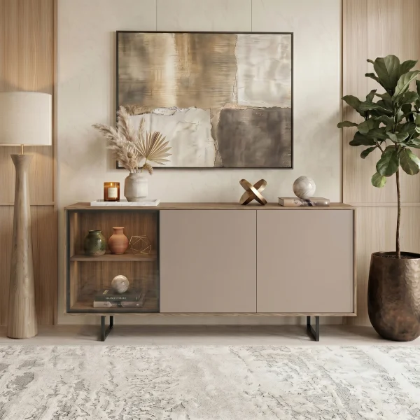 Madia moderna 151x87h cm 3 ante con vetrina rovere scuro tortora Domus