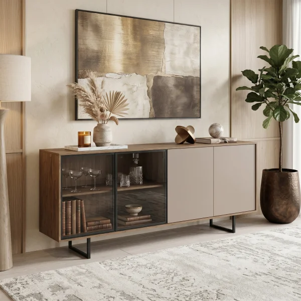 Madia moderna 200x87h cm 4 ante con vetrina rovere scuro tortora Domus