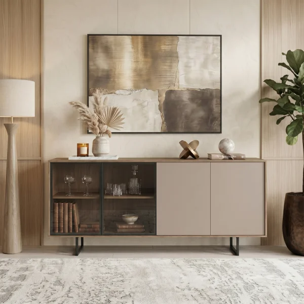 Madia moderna 200x87h cm 4 ante con vetrina rovere scuro tortora Domus
