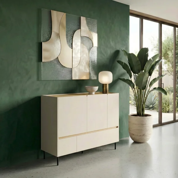 Madia soggiorno 120x105h cm 3 ante 2 cassetti beige cashmere rovere chiaro Linfa