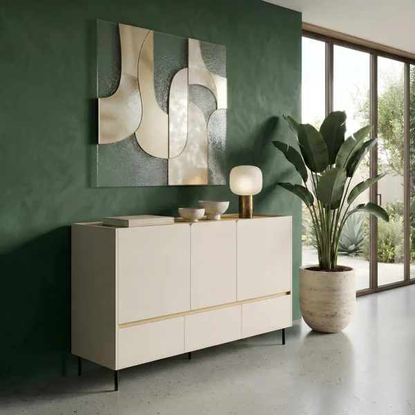 Madia soggiorno 150x105h cm 3 ante 3 cassetti beige cashmere rovere chiaro Linfa