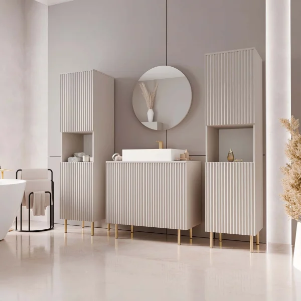 Mobile bagno a terra cannettato 87 cm con 2 colonne a terra, specchio beige cashmere Nuria