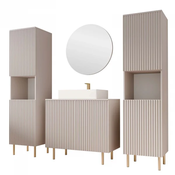 Mobile bagno a terra cannettato 87 cm con 2 colonne a terra, specchio beige cashmere Nuria