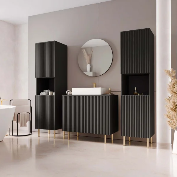 Mobile bagno a terra cannettato 87 cm con 2 colonne a terra, specchio nero Nuria