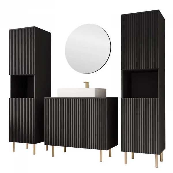 Mobile bagno a terra cannettato 87 cm con 2 colonne a terra, specchio nero Nuria