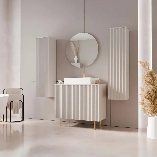 Mobile bagno a terra cannettato 87 cm con 2 colonne sospese e specchio beige cashmere Nuria