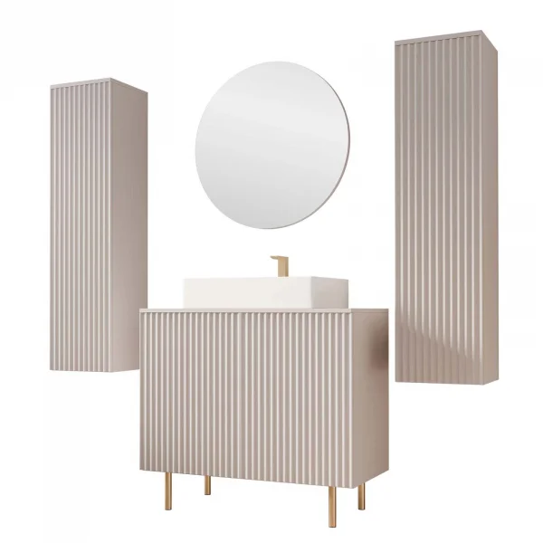Mobile bagno a terra cannettato 87 cm con 2 colonne sospese e specchio beige cashmere Nuria